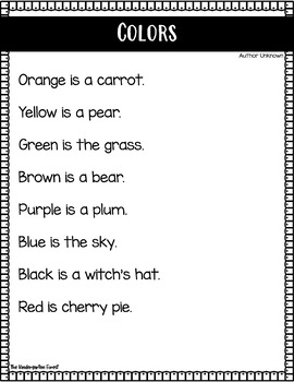 Shared Reading Poetry Pack FREEBIE Sample - Colors by The Kindergarten ...