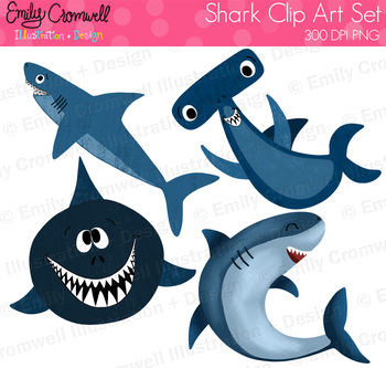 Shark Digital Clipart Cute Kids Clipart By Emily Cromwell Designs