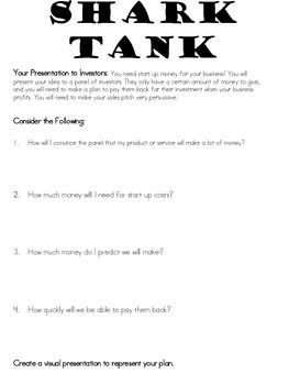 Shark Tank Business Plan Project for Fundraiser or Classroom Store