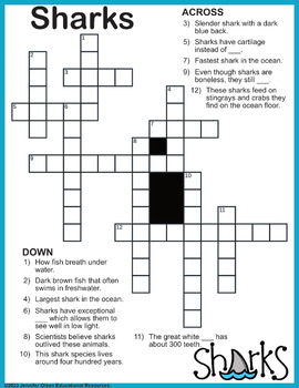 Sharks Crossword Puzzle by Jennifer Olson Educational Resources TPT