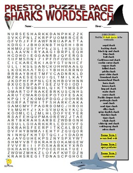 Preview of Sharks Puzzle Page (Wordsearch and Criss-Cross / Science / Animals / SUB)