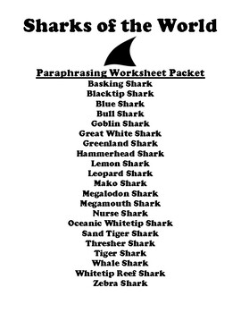 Preview of Sharks of the World Paraphrasing Worksheet Packet  (21 Topics)