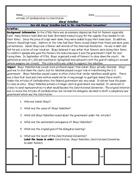 Shays Rebellion Worksheet with Answer Key by Social Studies Sheets