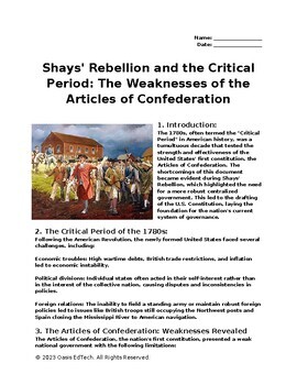 Shays Rebellion and the Critical Period Worksheet by Oasis EdTech
