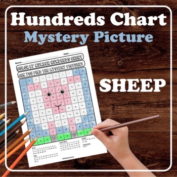 Preview of Sheep Animal Farm Hundreds Chart Mystery Pictures Color by Number Place Value
