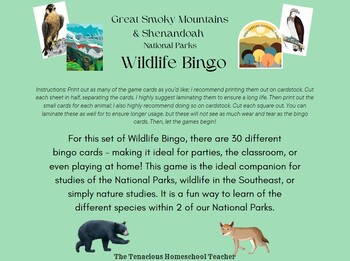 Preview of Shenandoah & Great Smoky Mtns National Parks Wildlife Bingo Classroom Set