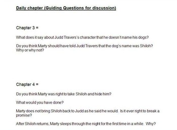 Preview of Shiloh Unit guided discussion questions & writing prompts