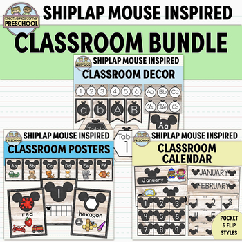 Preview of Shiplap Mouse Inspired Classroom BUNDLE - Classroom Decor, Poster & Calendar
