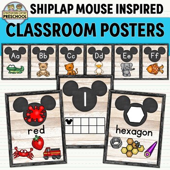 Preview of Shiplap Mouse Inspired Classroom Posters -Alphabet|Numbers|Shapes|Colors