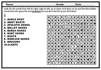 Shoes Word Search Worksheets, No Prep Sub Plan, Footwear Vocabulary ...