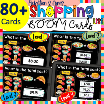 Preview of Shopping List Addition, 2 items | Menu Math Addition Prices - Bundle BOOM Cards