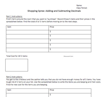 Preview of Shopping Spree! Decimal Practice Activity