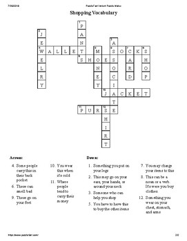 Shopping Vocabulary Crossword by Science Sloth | TpT