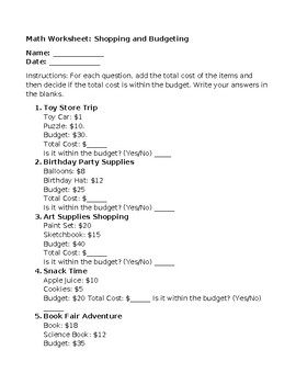 Preview of Shopping and Budgeting worksheet