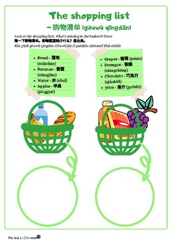 Preview of Shopping basket 购物篮 shopping list 购物清单 in Chinese Mandarin, pinyin and pictures
