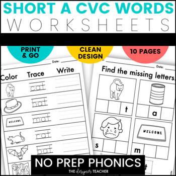 Preview of FREE NO PREP Print & Go Short A Worksheets CVC Word Work