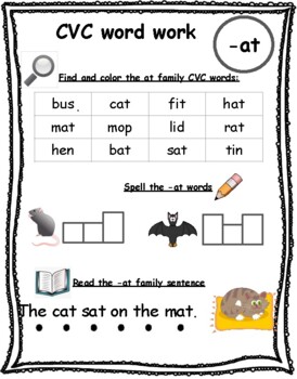 Short A CVC word families AT worksheet -at by A Little Bit of Teaching