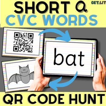 Preview of Short A CVC words activity | QR code Scavenger Hunt with worksheets & flashcards