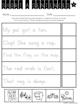 short a decodable sentences read trace cut glue printables