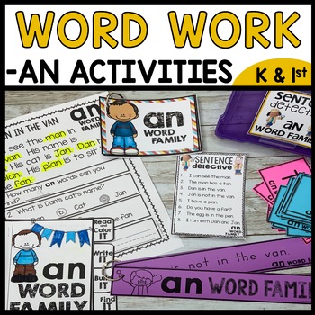 Preview of AN Word Family Worksheets, fluency reading passage, Word Families Flashcards