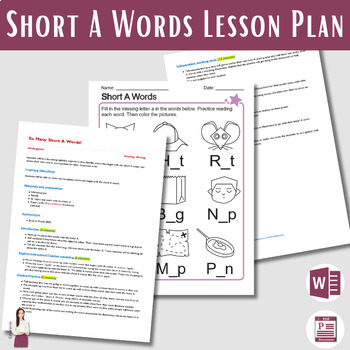 Preview of Short A Words Lesson Plan | Kindergarten Reading & Writing | Ms Word File & PDF