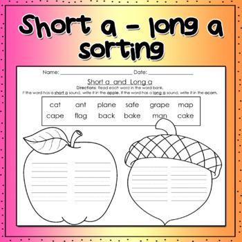 Preview of Short A vs. Long A Worksheet/Assessment