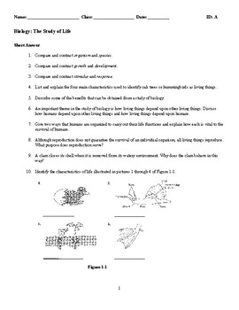 Preview of Short Answer - Biology - The Study of Life - Intro