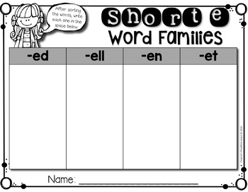 short e cvc word sort word family sorting mats and