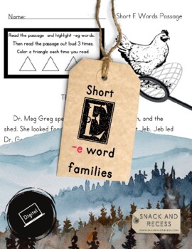 Preview of Short E Passage with Comprehension Questions, Fluency, and Word Building