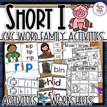 Preview of Short I - CVC word family Bundle with taskcards, worksheets & posters