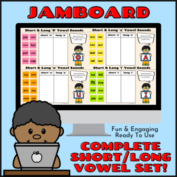 Preview of Sorting Short Long Vowels a, e, i, o, u Google JamBoard Activities! Editable!
