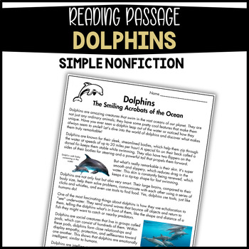 Short Nonfiction Reading Passage with Comprehension, Dolphins, Ocean