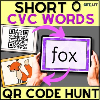 Preview of Short O CVC words activity | QR code Scavenger Hunt | flashcards & worksheets
