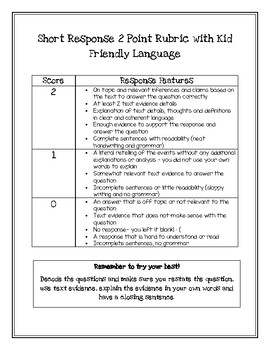 Preview of Short Response Rubric with Kid Friendly Language