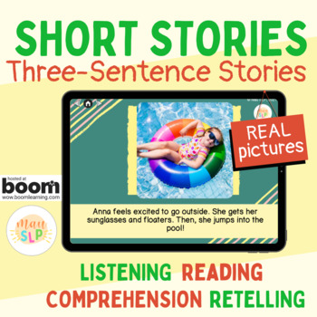 Preview of Short Stories: Three Sentence Stories (Real Pictures) Speech Therapy Boom Cards™