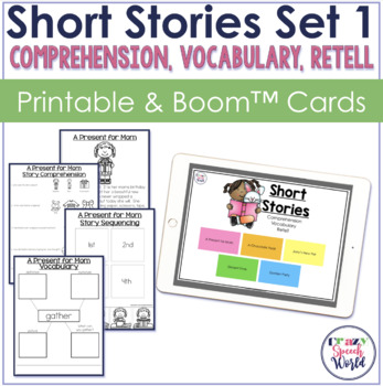 Preview of Short Stories WH Questions, Vocabulary, & Retell Set 1 Worksheets & Boom Cards™