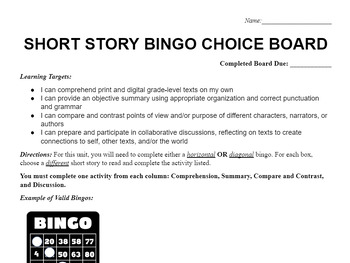 Preview of Short Story Bingo (Choice board)