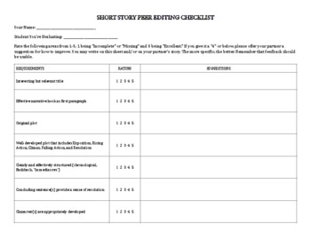 Preview of Short Story Peer Editing Checklist and Feedback Form