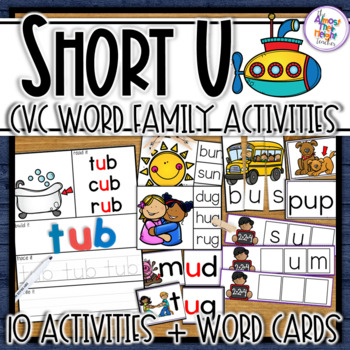 Preview of Short U CVC Word Families Task Cards with Word Cards & Posters