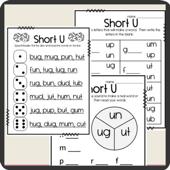 short u cvc words worksheets spinner roll and read practice sheet