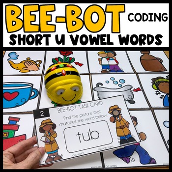 Preview of Bee Bot Printables Short Vowel U Words CVC Words with Pictures & Blends Blue Bot