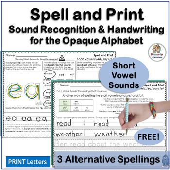 Preview of Short Vowel Alternative Spelling Activities and Printing Practice FREE