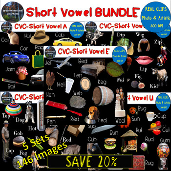 Preview of Short Vowel CVC Clipart BUNDLE Real Clips 146 Photo & Artistic Digital Stickers