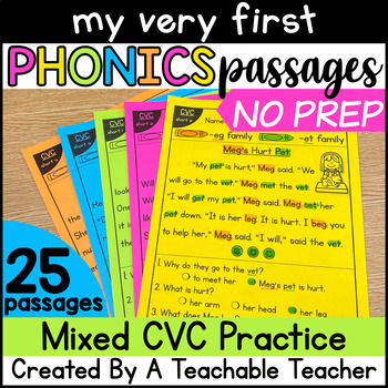 CVC Reading Comprehension Passages and Questions for MIXED Vowel Practice