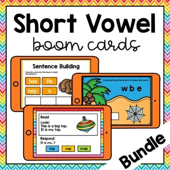 Preview of Short Vowel CVC Sentence Building, Word Building, and Reading Boom Cards Bundle