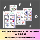 Short Vowel CVC Word, A E I O U, Picture Cards, Prek, K, 1st