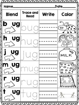 Short Vowel CVC Word Work! Blend it! Trace it! Read it! Write it! Color it!