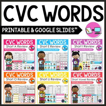 Preview of Short Vowel CVC Words Worksheets, Activities, Google Slides (PHONICS)