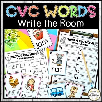 Preview of Short Vowel CVC Words - Write the Room - Literacy Center #sunnydeals24