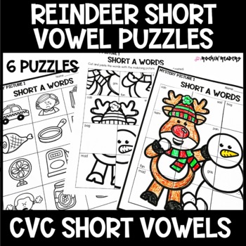 Preview of Christmas Phonics Puzzle Activities with Short Vowels Cut & Paste Coloring Pages